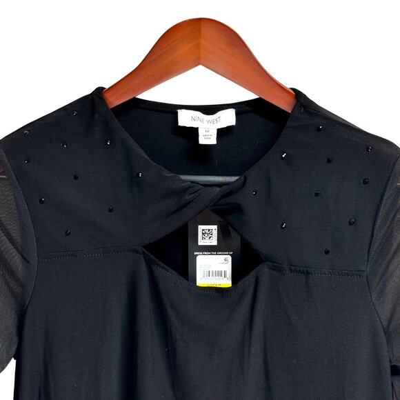 Nine West Women's Black Knit Top With Sheer Sleeves & Keyhole Detail Size M - Picture 5 of 7